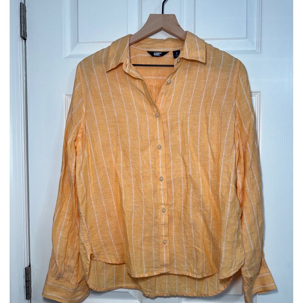 Lands End 100% Linen Women Orange White Striped Button Down Shirt‎ S Blouse